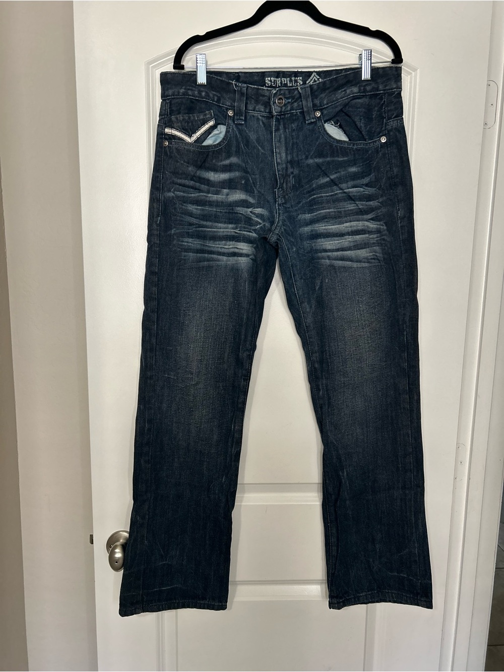 Slim Straight Men's Jeans in Washed Indigo Blue - Leather Patch Detail